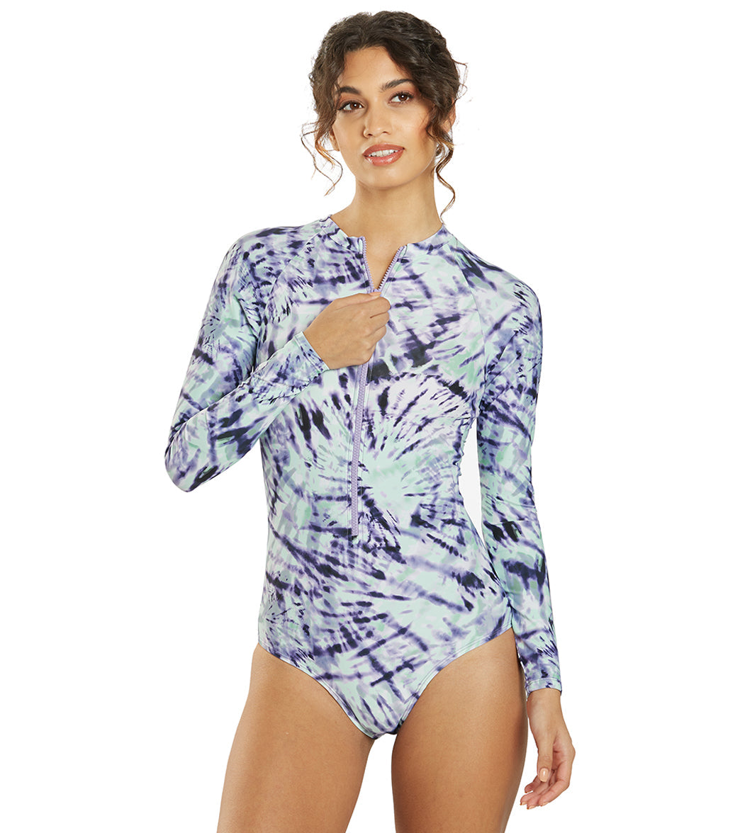 Sporti Active Moonlight Tie Dye Zip Front Long Sleeve One Piece Swimsuit