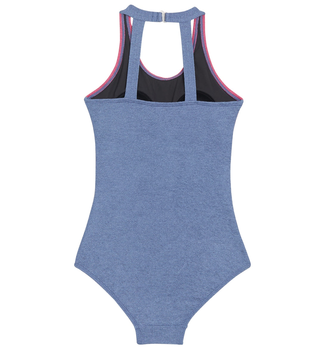  Sporti Textured Chlorine Resistant High Neck Colorblock One Piece Slimsuit
