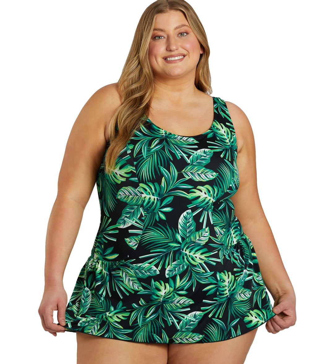  Sporti Plus Size Tropical Palm Leaf Swim Dress