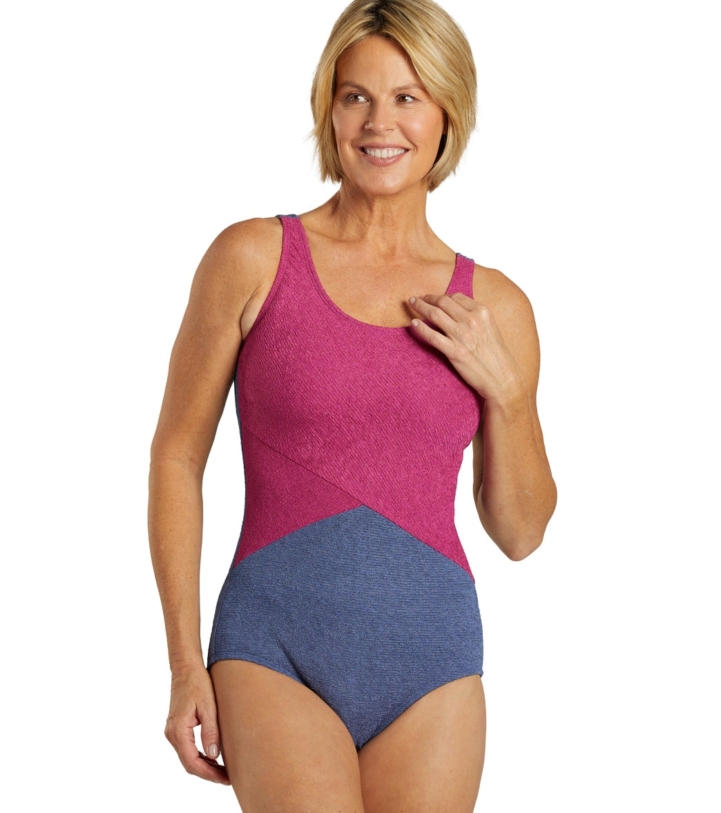  Sporti Textured Chlorine Resistance Asymmetric Colorblock One Piece Slimsuit