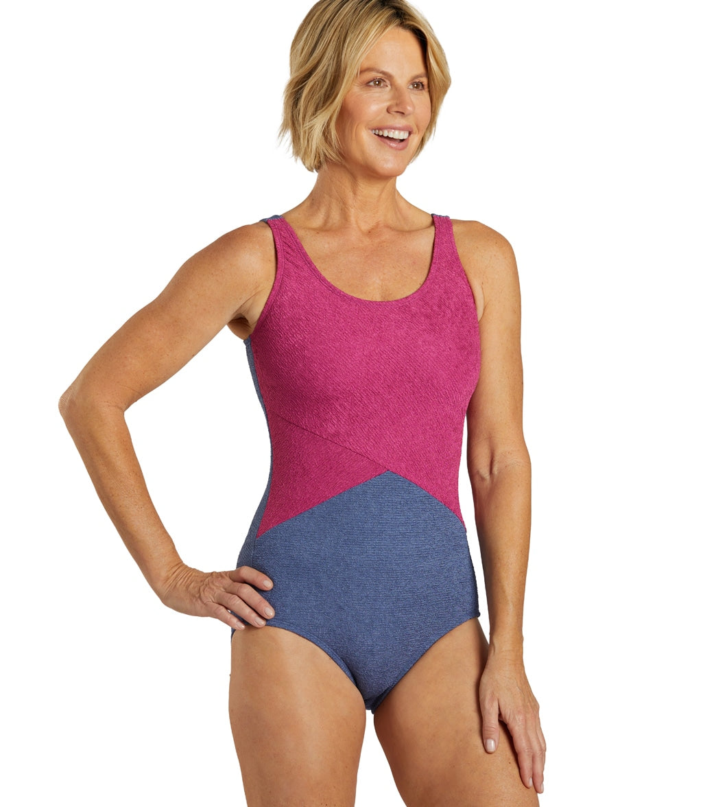  Sporti Textured Chlorine Resistance Asymmetric Colorblock One Piece Slimsuit