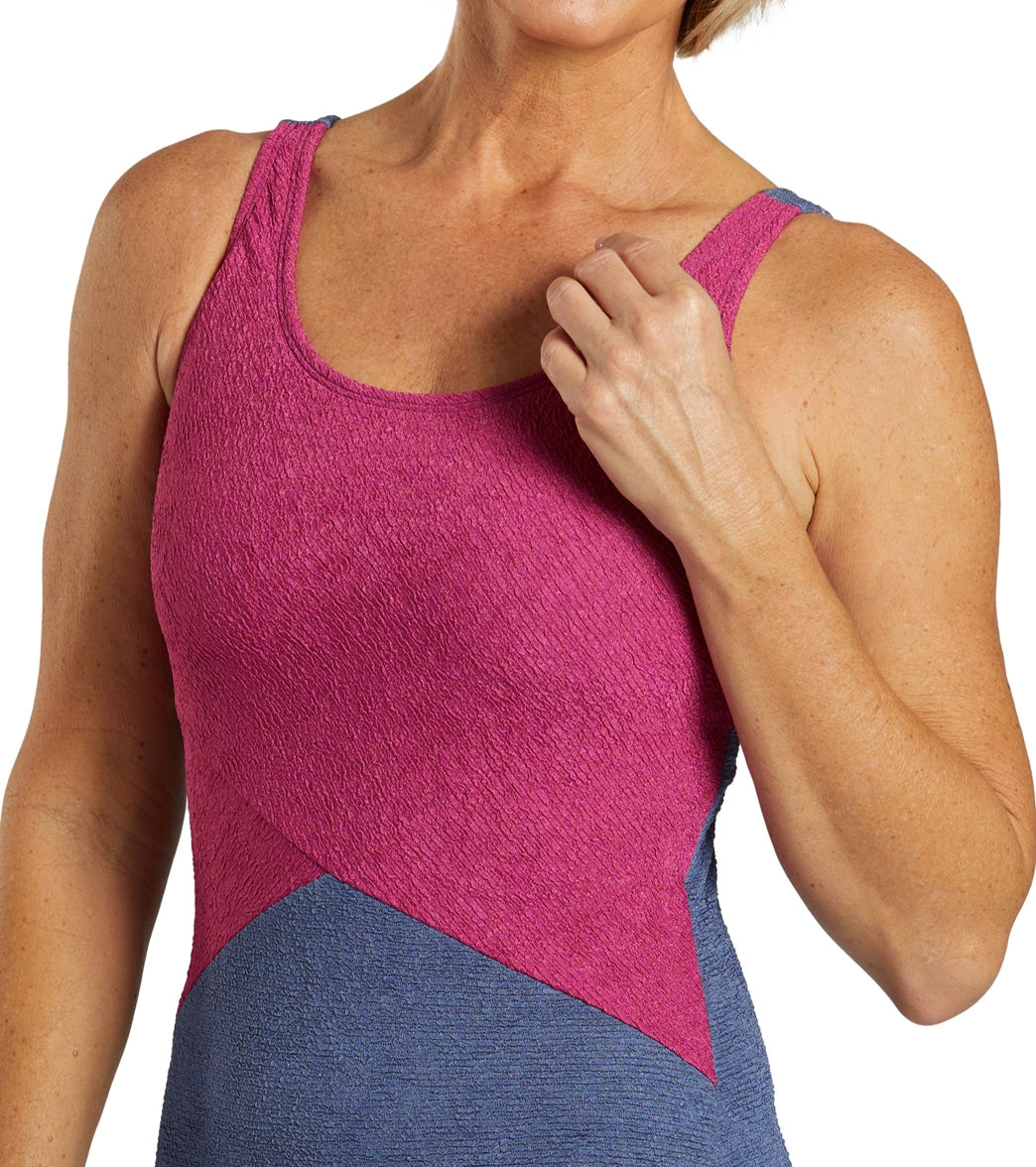  Sporti Textured Chlorine Resistance Asymmetric Colorblock One Piece Slimsuit