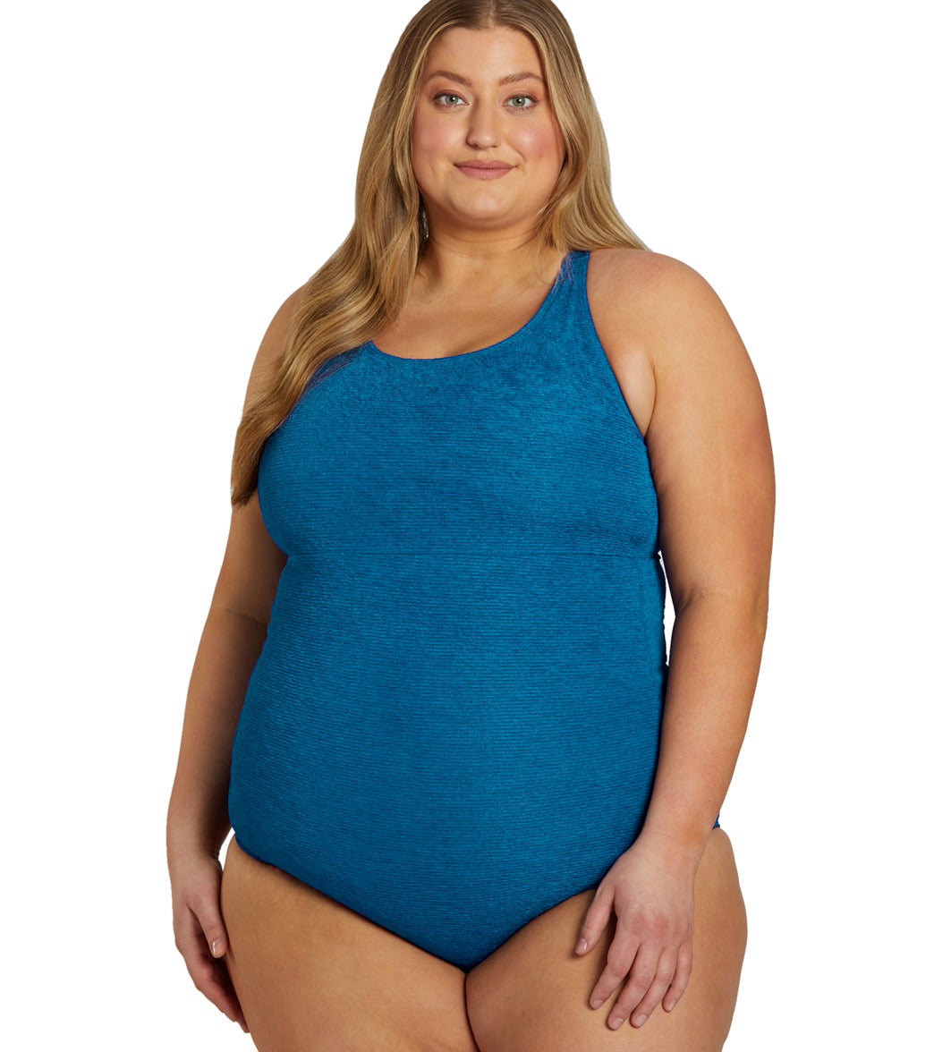  Sporti Plus Size Textured Chlorine Resistant High Neck One Piece Slimsuit