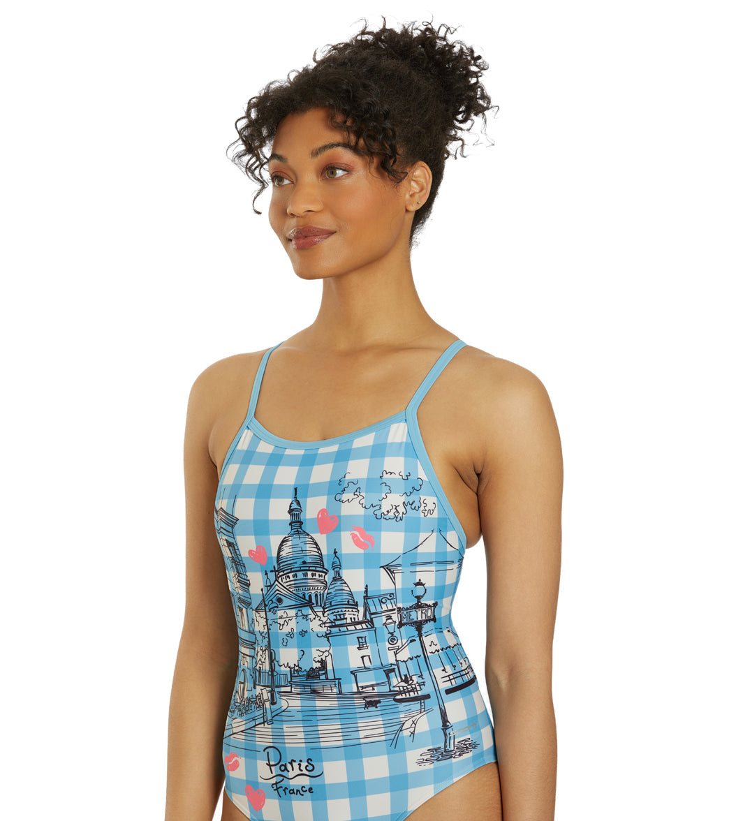  Sporti Paris Bistro Blues Thin Strap One Piece Swimsuit (22-44)